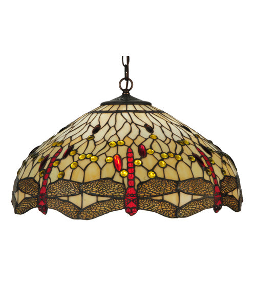 Meyda Lighting Tiffany Hanginghead Dragonfly 19006 22" 3-Light Mahogany Bronze Pendant Light With Multi-Colored Shade Glass