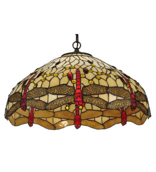 Meyda Lighting Tiffany Hanginghead Dragonfly 19006 22" 3-Light Mahogany Bronze Pendant Light With Multi-Colored Shade Glass