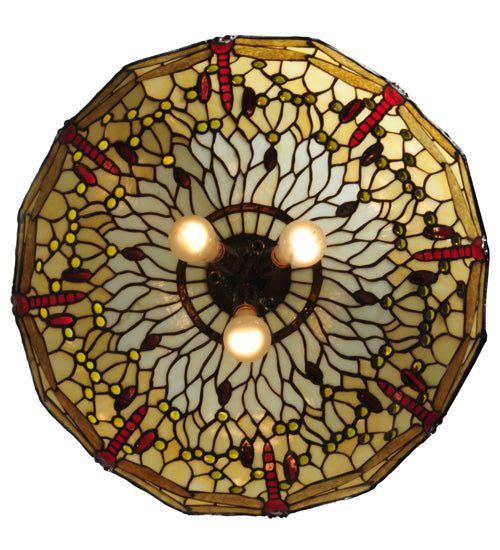 Meyda Lighting Tiffany Hanginghead Dragonfly 19006 22" 3-Light Mahogany Bronze Pendant Light With Multi-Colored Shade Glass
