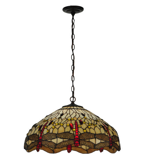 Meyda Lighting Tiffany Hanginghead Dragonfly 19006 22" 3-Light Mahogany Bronze Pendant Light With Multi-Colored Shade Glass