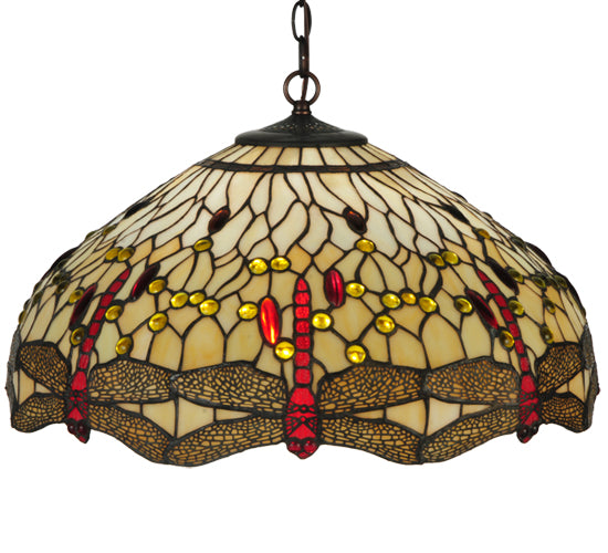 Meyda Lighting Tiffany Hanginghead Dragonfly 19006 22" 3-Light Mahogany Bronze Pendant Light With Multi-Colored Shade Glass