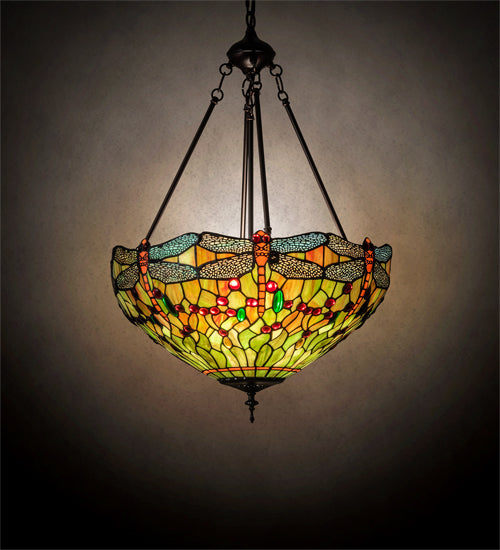 Meyda Lighting Tiffany Hanginghead Dragonfly 20" 3-Light Mahogany Bronze Inverted Pendant Light With Orange & Green Shade Glass