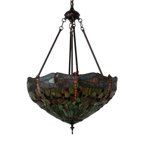 Meyda Lighting Tiffany Hanginghead Dragonfly 20" 3-Light Mahogany Bronze Inverted Pendant Light With Orange & Green Shade Glass