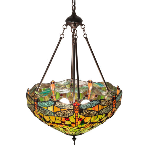 Meyda Lighting Tiffany Hanginghead Dragonfly 20" 3-Light Mahogany Bronze Inverted Pendant Light With Orange & Green Shade Glass