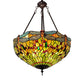 Meyda Lighting Tiffany Hanginghead Dragonfly 20" 3-Light Mahogany Bronze Inverted Pendant Light With Orange & Green Shade Glass