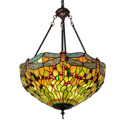 Meyda Lighting Tiffany Hanginghead Dragonfly 20" 3-Light Mahogany Bronze Inverted Pendant Light With Orange & Green Shade Glass