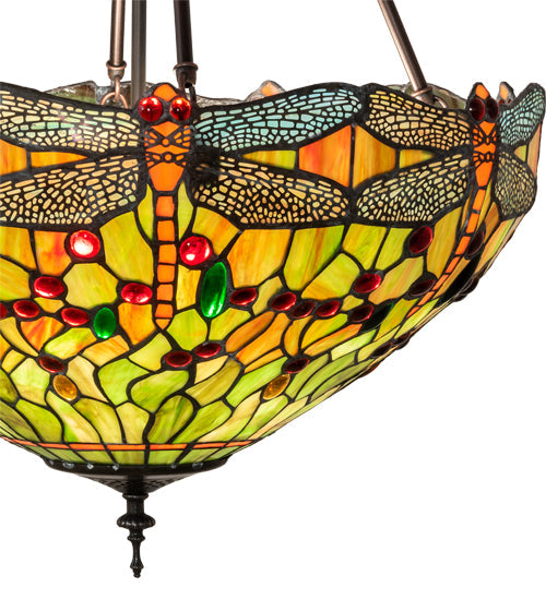 Meyda Lighting Tiffany Hanginghead Dragonfly 20" 3-Light Mahogany Bronze Inverted Pendant Light With Orange & Green Shade Glass
