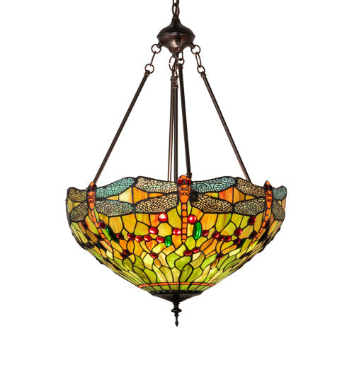 Meyda Lighting Tiffany Hanginghead Dragonfly 20" 3-Light Mahogany Bronze Inverted Pendant Light With Orange & Green Shade Glass