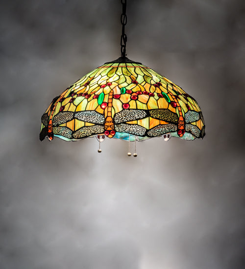 Meyda Lighting Tiffany Hanginghead Dragonfly 20" 3-Light Mahogany Bronze Pendant Light With Multi-Colored Shade Glass