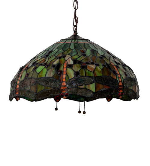 Meyda Lighting Tiffany Hanginghead Dragonfly 20" 3-Light Mahogany Bronze Pendant Light With Multi-Colored Shade Glass