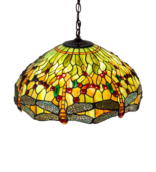 Meyda Lighting Tiffany Hanginghead Dragonfly 20" 3-Light Mahogany Bronze Pendant Light With Multi-Colored Shade Glass
