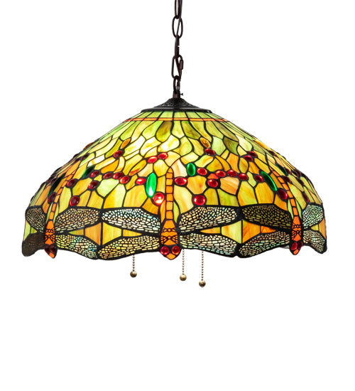 Meyda Lighting Tiffany Hanginghead Dragonfly 20" 3-Light Mahogany Bronze Pendant Light With Multi-Colored Shade Glass