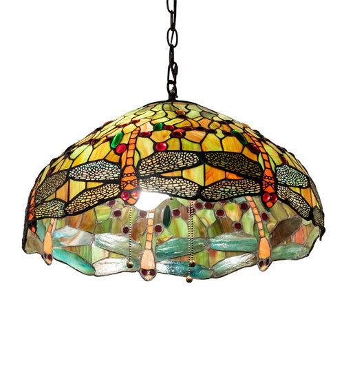 Meyda Lighting Tiffany Hanginghead Dragonfly 20" 3-Light Mahogany Bronze Pendant Light With Multi-Colored Shade Glass