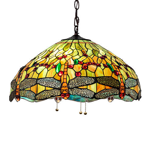 Meyda Lighting Tiffany Hanginghead Dragonfly 20" 3-Light Mahogany Bronze Pendant Light With Multi-Colored Shade Glass