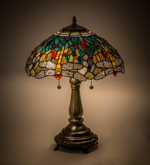 Meyda Lighting Tiffany Hanginghead Dragonfly 22" 2-Light Mahogany Bronze Table Lamp With Multi-Colored Shade Glass