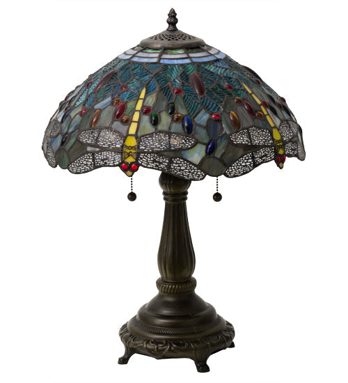 Meyda Lighting Tiffany Hanginghead Dragonfly 22" 2-Light Mahogany Bronze Table Lamp With Multi-Colored Shade Glass