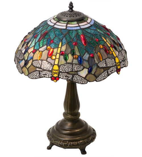 Meyda Lighting Tiffany Hanginghead Dragonfly 22" 2-Light Mahogany Bronze Table Lamp With Multi-Colored Shade Glass