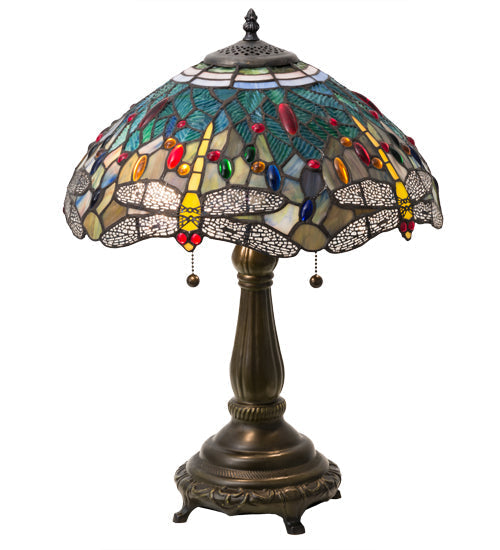 Meyda Lighting Tiffany Hanginghead Dragonfly 22" 2-Light Mahogany Bronze Table Lamp With Multi-Colored Shade Glass