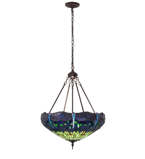 Meyda Lighting Tiffany Hanginghead Dragonfly 22" 3-Light Mahogany Bronze Inverted Pendant Light With Green & Blue Stained Shade Glass