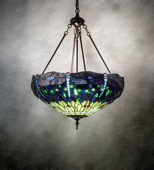 Meyda Lighting Tiffany Hanginghead Dragonfly 22" 3-Light Mahogany Bronze Inverted Pendant Light With Green & Blue Stained Shade Glass