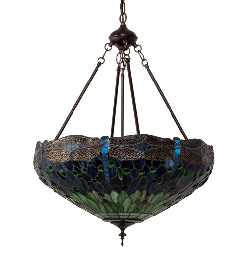 Meyda Lighting Tiffany Hanginghead Dragonfly 22" 3-Light Mahogany Bronze Inverted Pendant Light With Green & Blue Stained Shade Glass