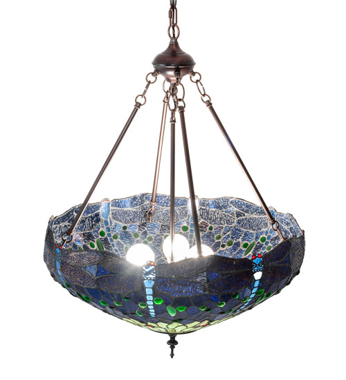 Meyda Lighting Tiffany Hanginghead Dragonfly 22" 3-Light Mahogany Bronze Inverted Pendant Light With Green & Blue Stained Shade Glass