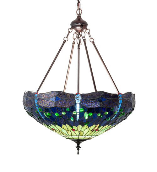 Meyda Lighting Tiffany Hanginghead Dragonfly 22" 3-Light Mahogany Bronze Inverted Pendant Light With Green & Blue Stained Shade Glass