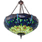 Meyda Lighting Tiffany Hanginghead Dragonfly 22" 3-Light Mahogany Bronze Inverted Pendant Light With Green & Blue Stained Shade Glass