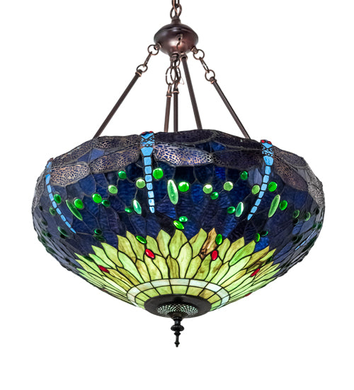 Meyda Lighting Tiffany Hanginghead Dragonfly 22" 3-Light Mahogany Bronze Inverted Pendant Light With Green & Blue Stained Shade Glass