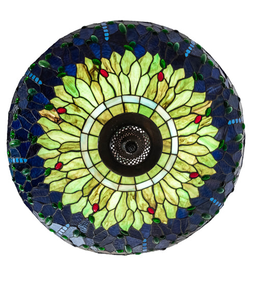 Meyda Lighting Tiffany Hanginghead Dragonfly 22" 3-Light Mahogany Bronze Inverted Pendant Light With Green & Blue Stained Shade Glass