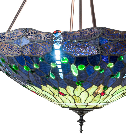 Meyda Lighting Tiffany Hanginghead Dragonfly 22" 3-Light Mahogany Bronze Inverted Pendant Light With Green & Blue Stained Shade Glass
