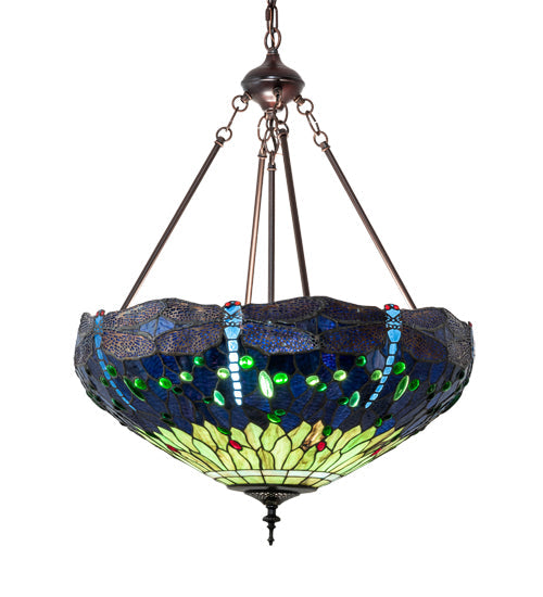 Meyda Lighting Tiffany Hanginghead Dragonfly 22" 3-Light Mahogany Bronze Inverted Pendant Light With Green & Blue Stained Shade Glass