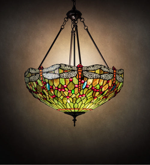 Meyda Lighting Tiffany Hanginghead Dragonfly 22" 3-Light Mahogany Bronze Inverted Pendant Light With Multi-Colored Shade Glass