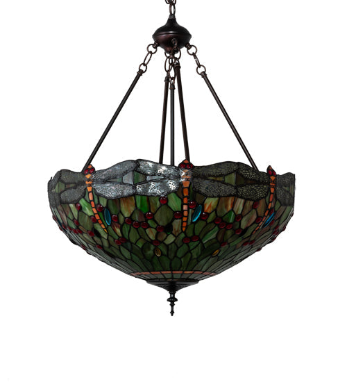 Meyda Lighting Tiffany Hanginghead Dragonfly 22" 3-Light Mahogany Bronze Inverted Pendant Light With Multi-Colored Shade Glass
