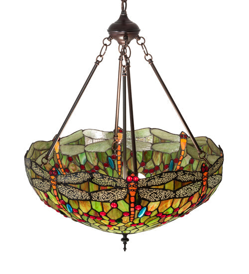 Meyda Lighting Tiffany Hanginghead Dragonfly 22" 3-Light Mahogany Bronze Inverted Pendant Light With Multi-Colored Shade Glass