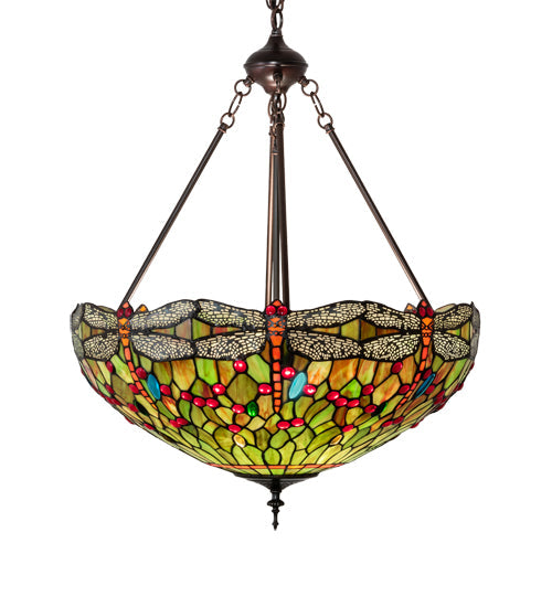 Meyda Lighting Tiffany Hanginghead Dragonfly 22" 3-Light Mahogany Bronze Inverted Pendant Light With Multi-Colored Shade Glass