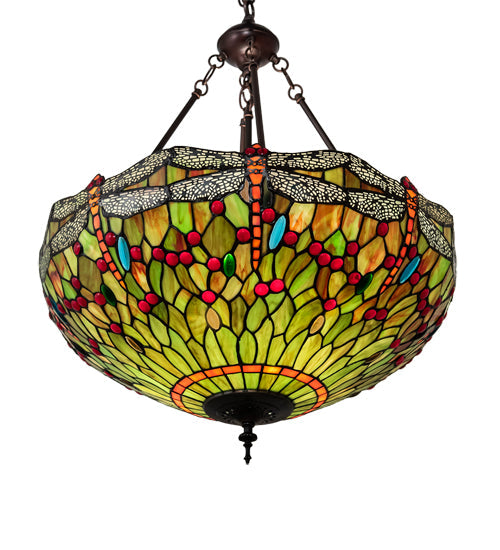 Meyda Lighting Tiffany Hanginghead Dragonfly 22" 3-Light Mahogany Bronze Inverted Pendant Light With Multi-Colored Shade Glass
