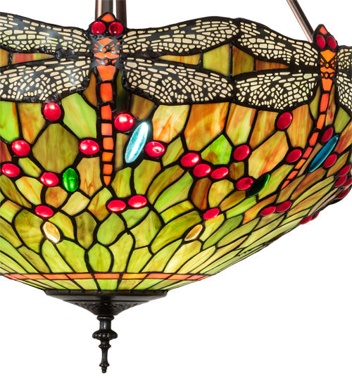 Meyda Lighting Tiffany Hanginghead Dragonfly 22" 3-Light Mahogany Bronze Inverted Pendant Light With Multi-Colored Shade Glass