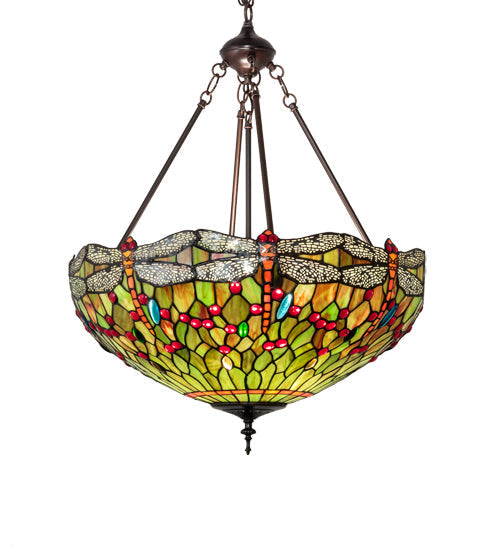 Meyda Lighting Tiffany Hanginghead Dragonfly 22" 3-Light Mahogany Bronze Inverted Pendant Light With Multi-Colored Shade Glass