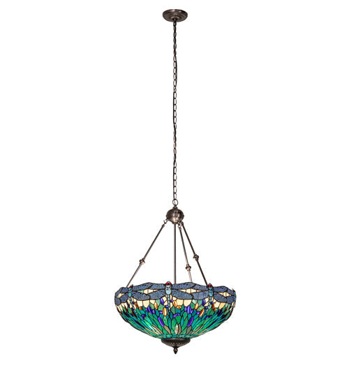 Meyda Lighting Tiffany Hanginghead Dragonfly 22" 3-Light Mahogany Bronze Inverted Pendant Light With Multi-Colored Stained Shade Glass