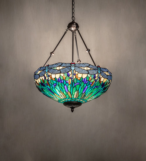 Meyda Lighting Tiffany Hanginghead Dragonfly 22" 3-Light Mahogany Bronze Inverted Pendant Light With Multi-Colored Stained Shade Glass