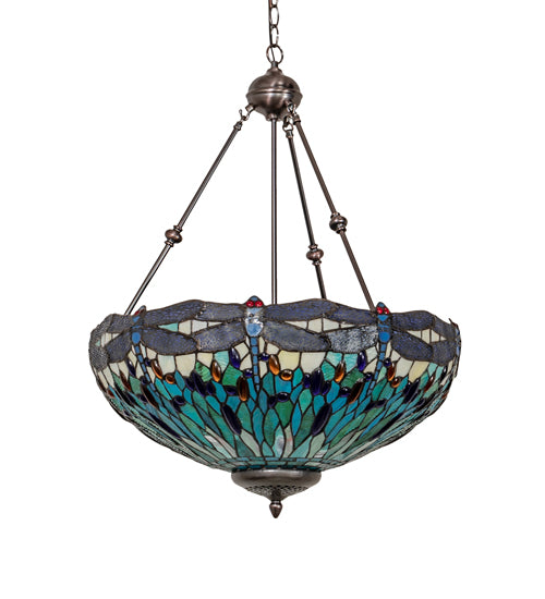 Meyda Lighting Tiffany Hanginghead Dragonfly 22" 3-Light Mahogany Bronze Inverted Pendant Light With Multi-Colored Stained Shade Glass