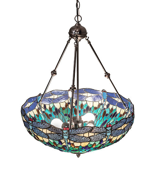 Meyda Lighting Tiffany Hanginghead Dragonfly 22" 3-Light Mahogany Bronze Inverted Pendant Light With Multi-Colored Stained Shade Glass