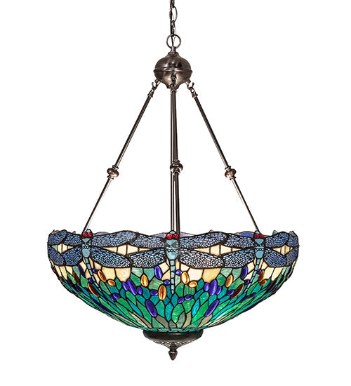 Meyda Lighting Tiffany Hanginghead Dragonfly 22" 3-Light Mahogany Bronze Inverted Pendant Light With Multi-Colored Stained Shade Glass