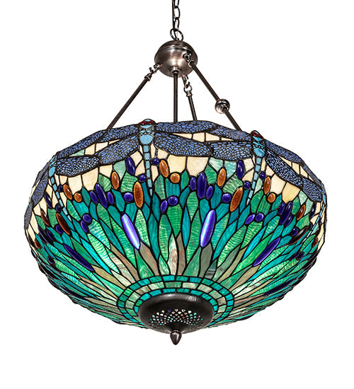 Meyda Lighting Tiffany Hanginghead Dragonfly 22" 3-Light Mahogany Bronze Inverted Pendant Light With Multi-Colored Stained Shade Glass
