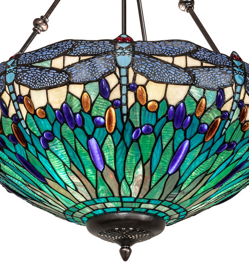Meyda Lighting Tiffany Hanginghead Dragonfly 22" 3-Light Mahogany Bronze Inverted Pendant Light With Multi-Colored Stained Shade Glass
