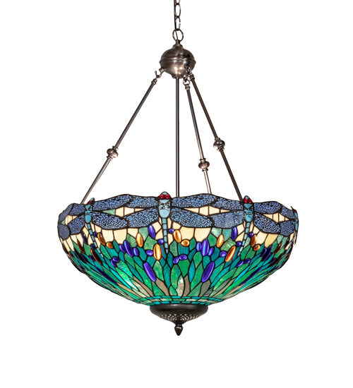 Meyda Lighting Tiffany Hanginghead Dragonfly 22" 3-Light Mahogany Bronze Inverted Pendant Light With Multi-Colored Stained Shade Glass