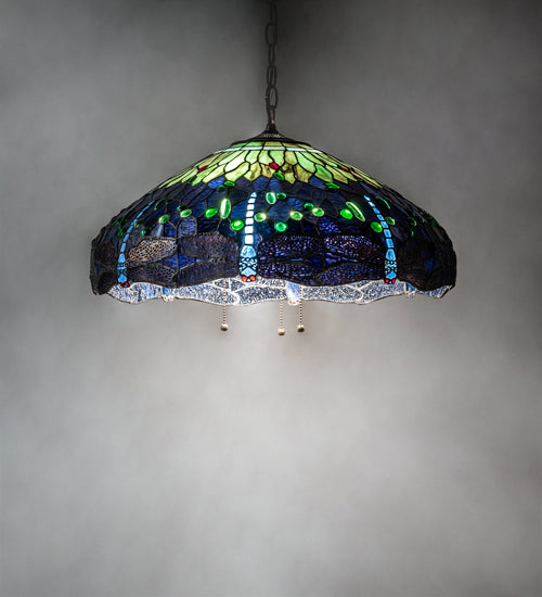 Meyda Lighting Tiffany Hanginghead Dragonfly 22" 3-Light Mahogany Bronze Pendant Light With Green & Blue Stained Shade Glass