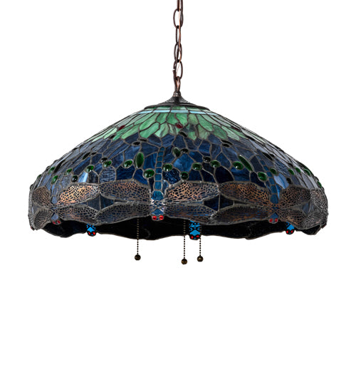 Meyda Lighting Tiffany Hanginghead Dragonfly 22" 3-Light Mahogany Bronze Pendant Light With Green & Blue Stained Shade Glass