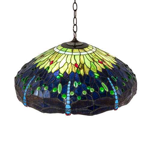 Meyda Lighting Tiffany Hanginghead Dragonfly 22" 3-Light Mahogany Bronze Pendant Light With Green & Blue Stained Shade Glass